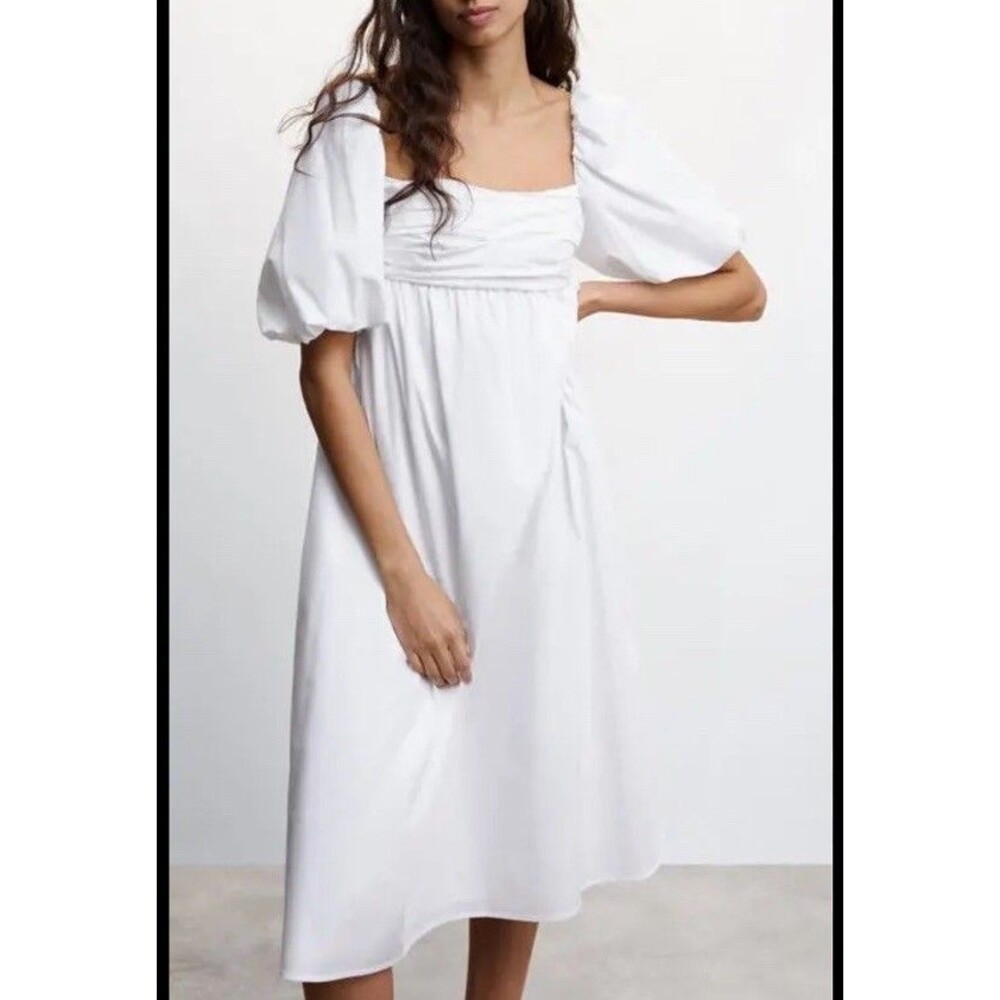 Size Midi M White Poplin Dress Babydoll Puff Sleeve Coquette Cottagecore Chic